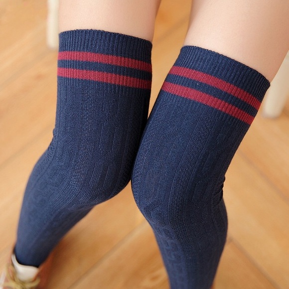 Sexy Striped Cable Knit Navy Over the Knee Socks - Picture 2 of 11